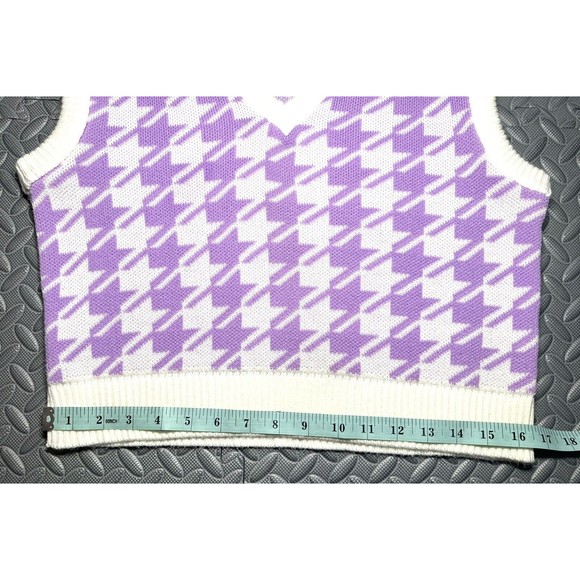Sasha V Neck Houndstooth Pattern Lilac Sweater Preppy acrylic crop Vest Y2K Sz L - Picture 6 of 9